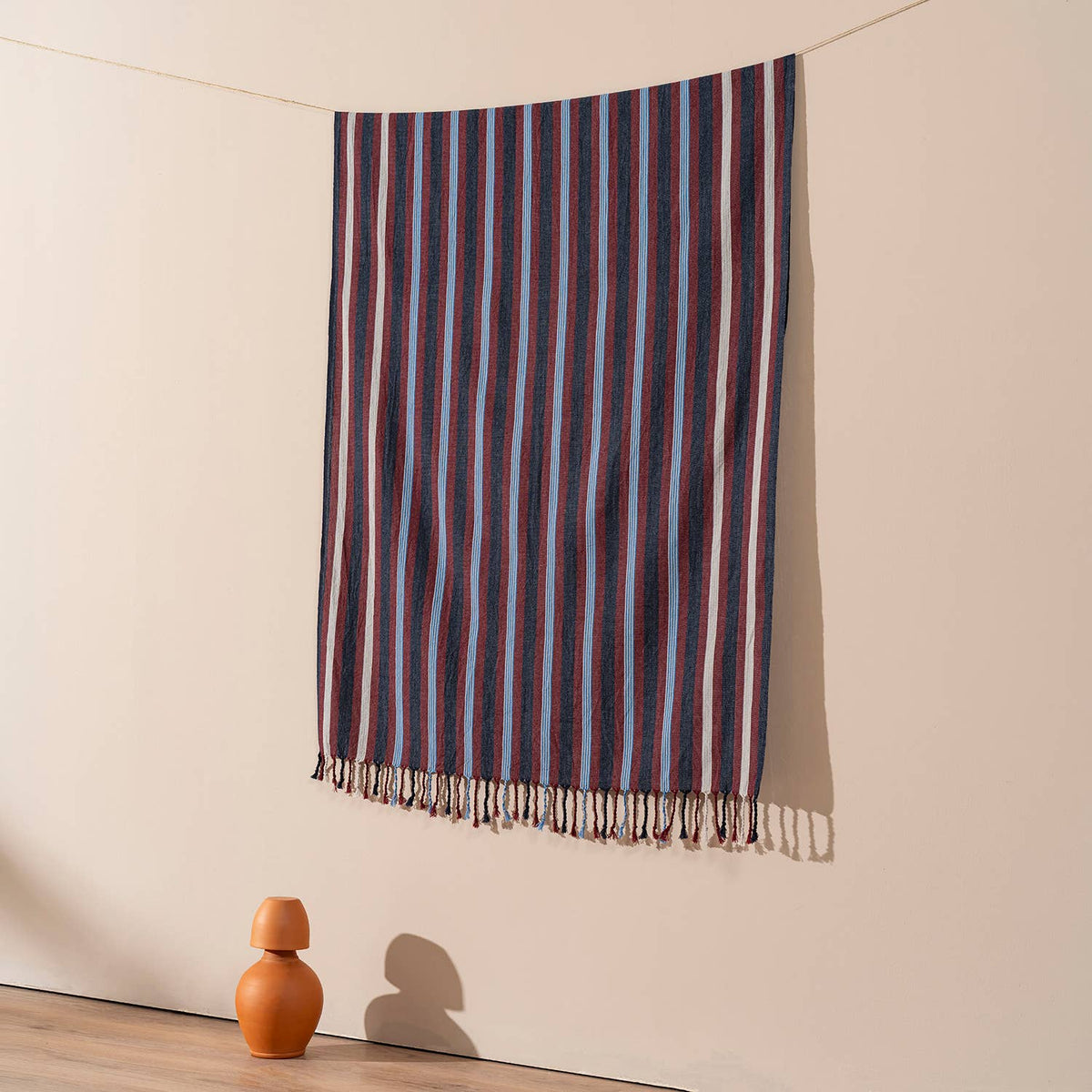 Burgundy & Sky Stripe Turkish towel, woven texture close-up | Kikoya