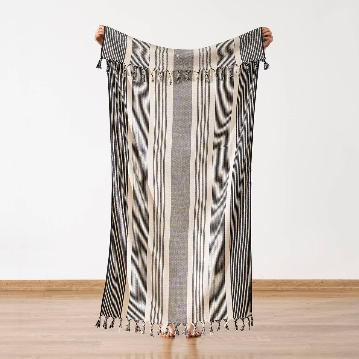 Tan Turkish beach towel in grey and taupe stripes, 33x66 in | Kikoya