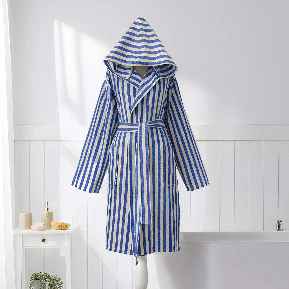 Zebra stripe Turkish hooded bathrobe – Blue & Cream, front view | Kikoya