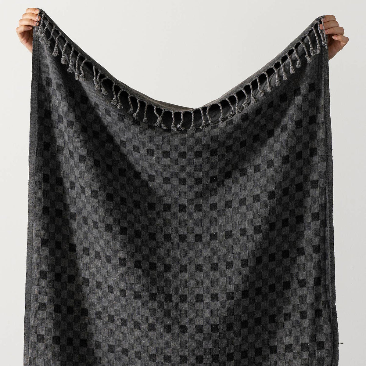 Stonewashed Turkish beach towel in a tonal checker weave, 35x66 in | Kikoya