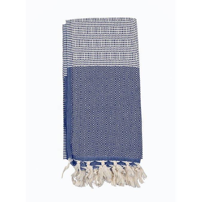 Topkapi Turkish beach towel in blue diamond weave with contrast band, 33x66 in | Kikoya