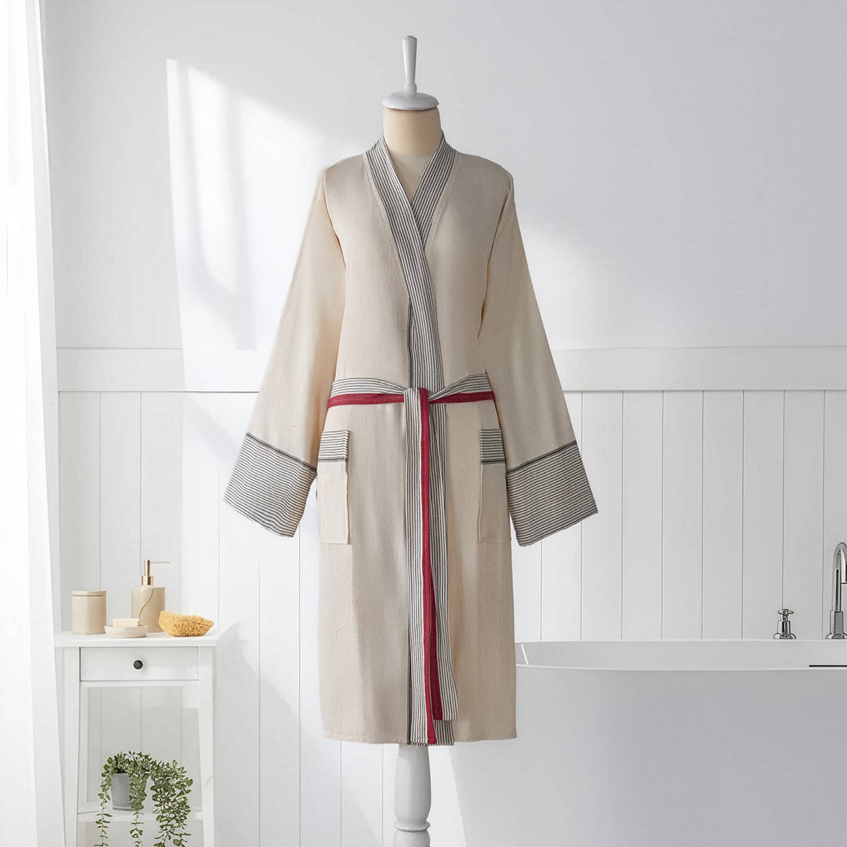 Ribbed Turkish cotton bathrobe in cream & burgundy – kimono | Kikoya