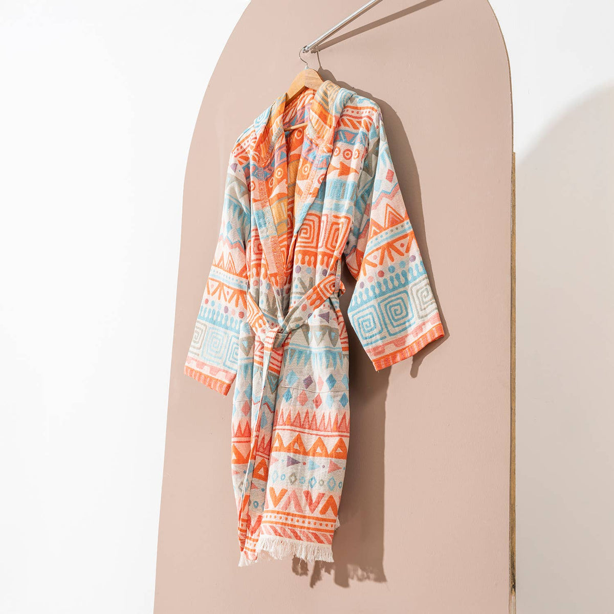 Ethnic print Turkish bathrobe in coral & turquoise – kimono | Kikoya