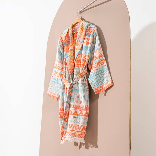 Ethnic print Turkish bathrobe in coral & turquoise – kimono | Kikoya