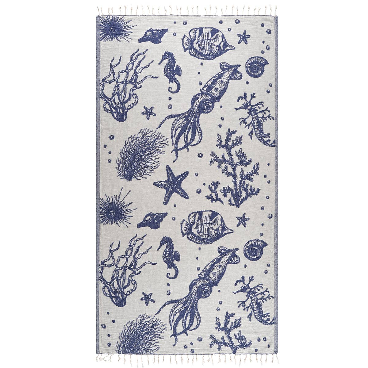 Ocean Turkish beach towel with a woven sea-life jacquard, 33x66 in | Kikoya