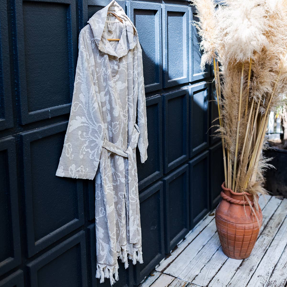 Garden raised terry Turkish bathrobe with a botanical jacquard, hooded | Kikoya