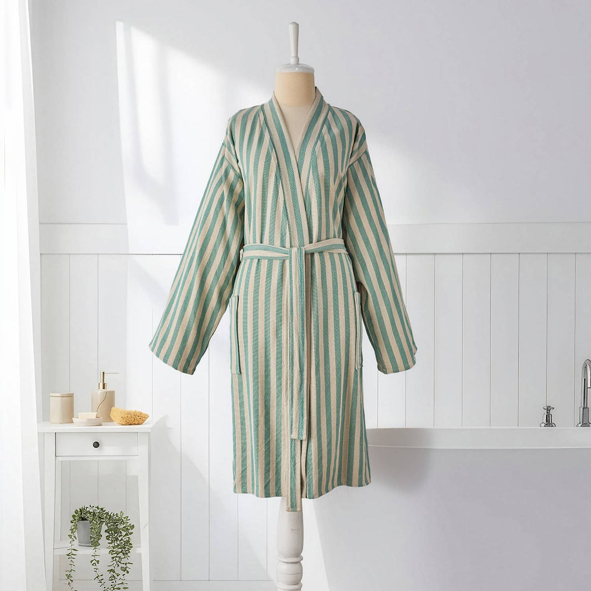 Sage green stripe Turkish cotton bathrobe – kimono, belted | Kikoya