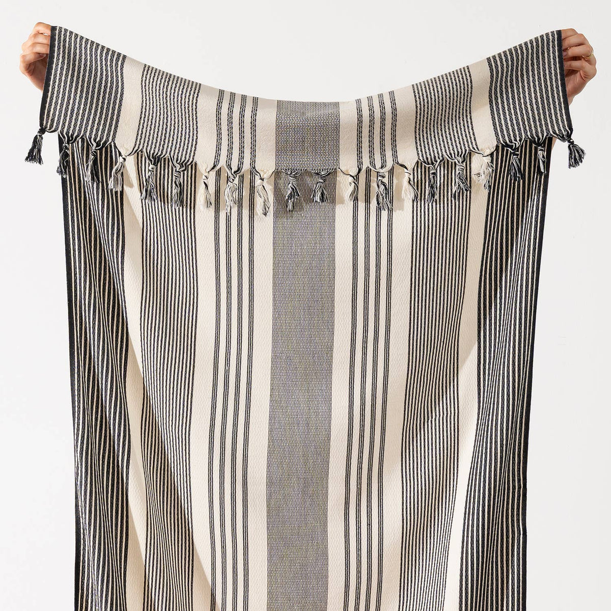 Tan Turkish beach towel in grey and taupe stripes, 33x66 in | Kikoya