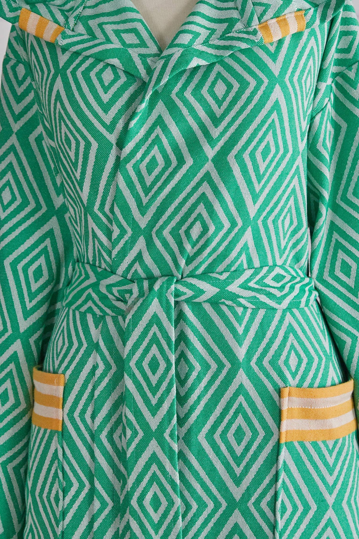 Diamond jacquard Turkish bathrobe – hooded, mustard trim | Kikoya
