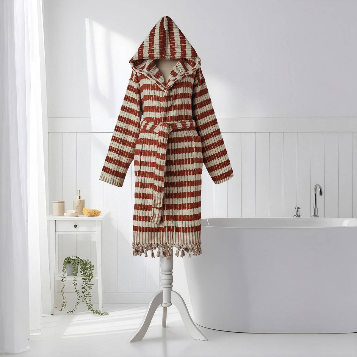 Pompom Turkish bathrobe – Lokum Clay, Hooded, styled view | Kikoya