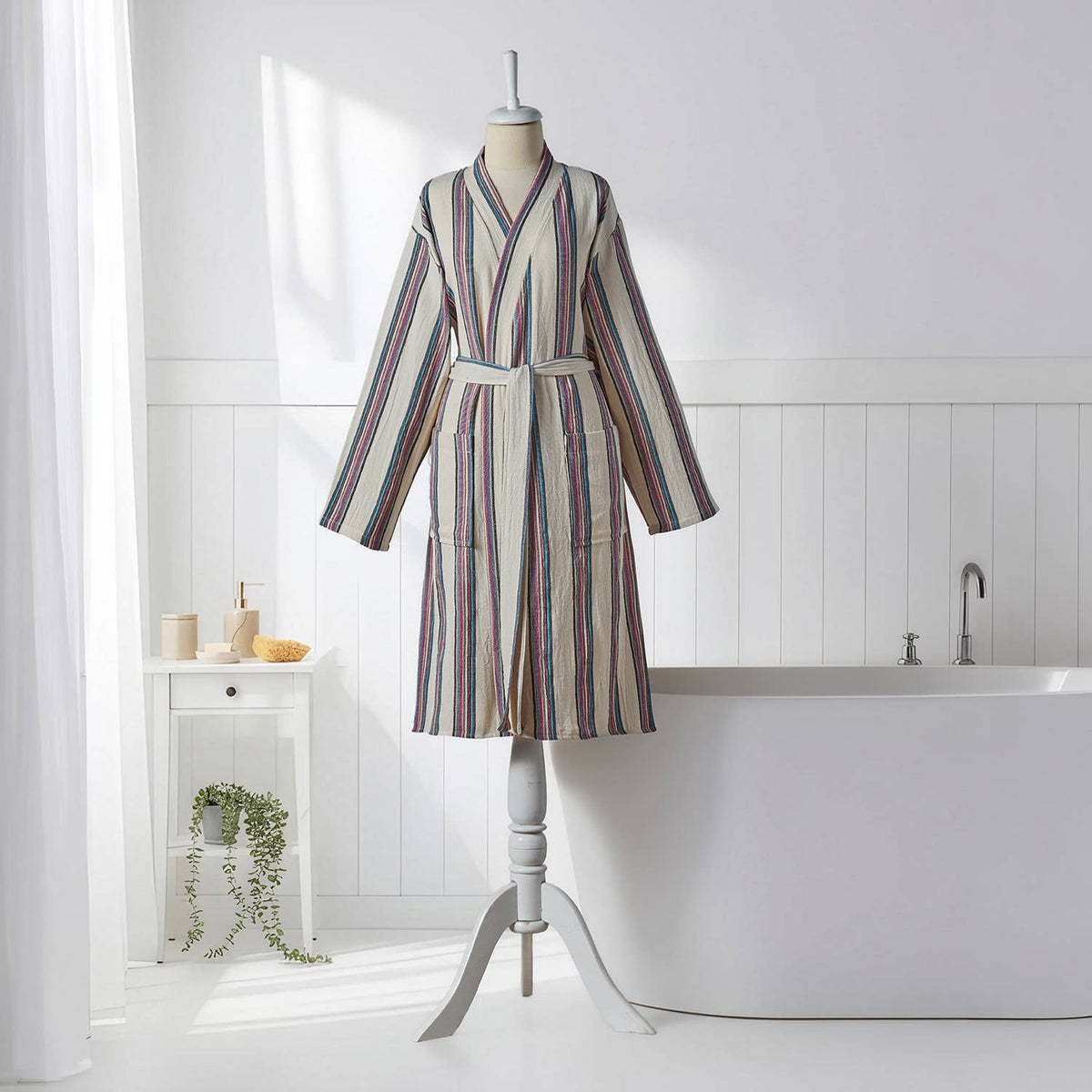 Antique Turkish kimono bathrobe – Cream Multi Stripe | Kikoya