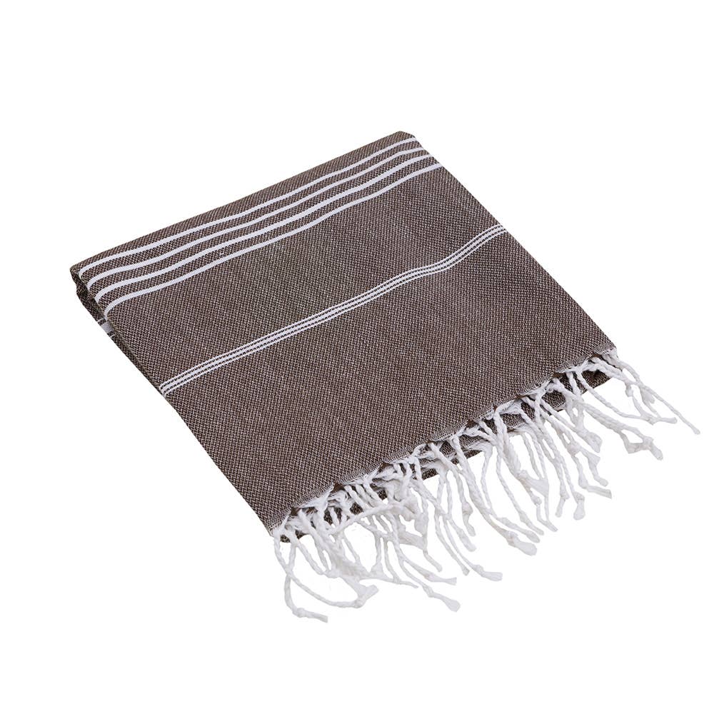 Sultan Turkish beach towel – Brown, folded with knotted fringe | Kikoya
