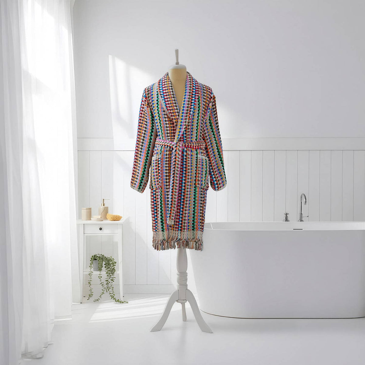 Pompom Turkish bathrobe – Multicolor, Shawl Collar, belt and pocket detail | Kikoya