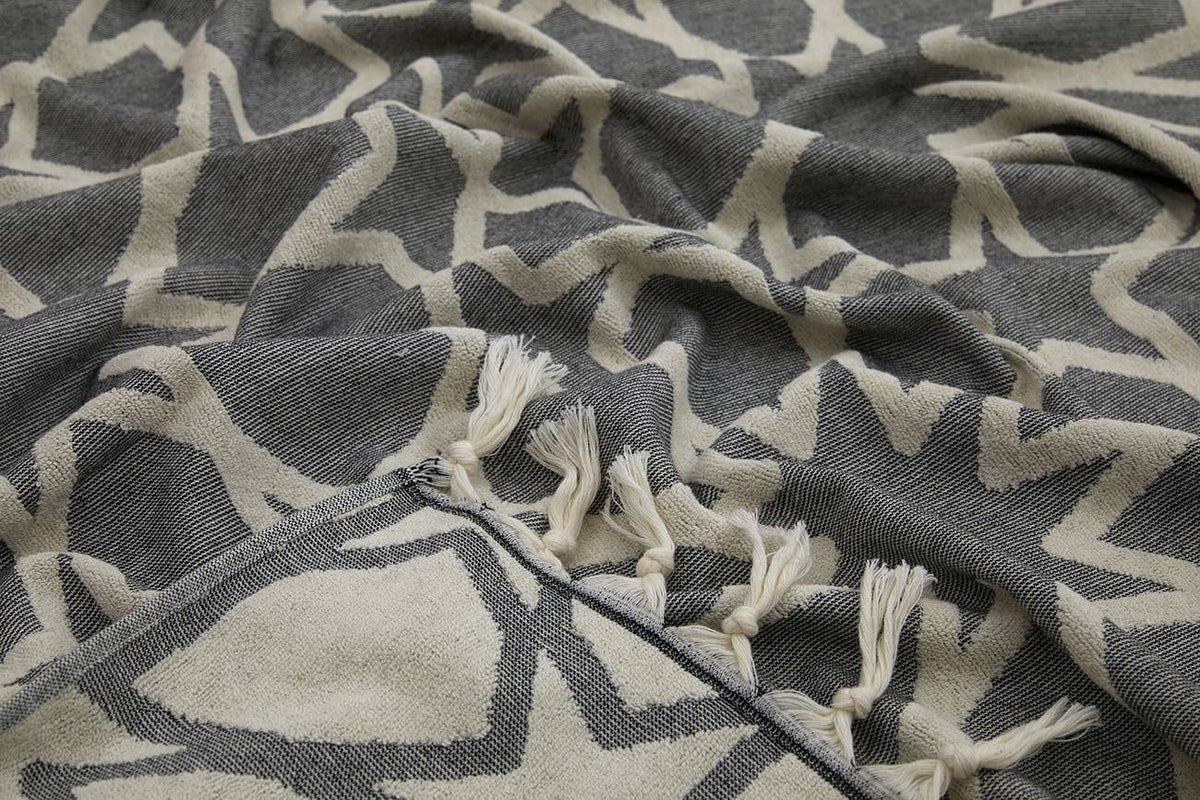 Maya Turkish terry towel with woven geometric jacquard, 36x66 in | Kikoya