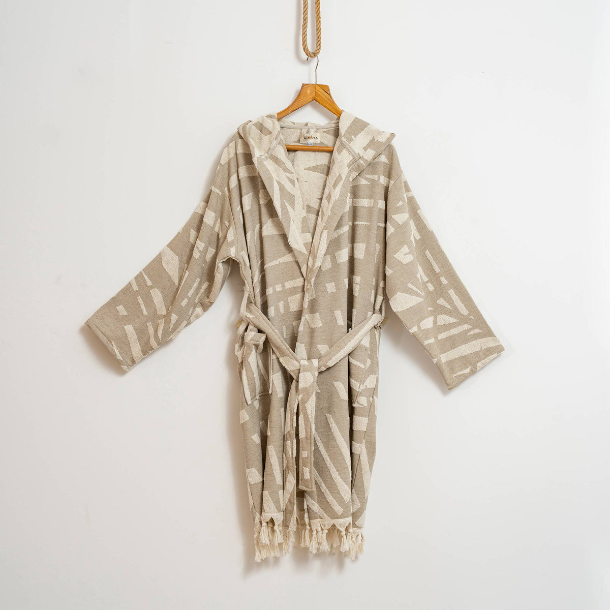 Fronds raised terry Turkish bathrobe, hooded, palm-frond jacquard | Kikoya