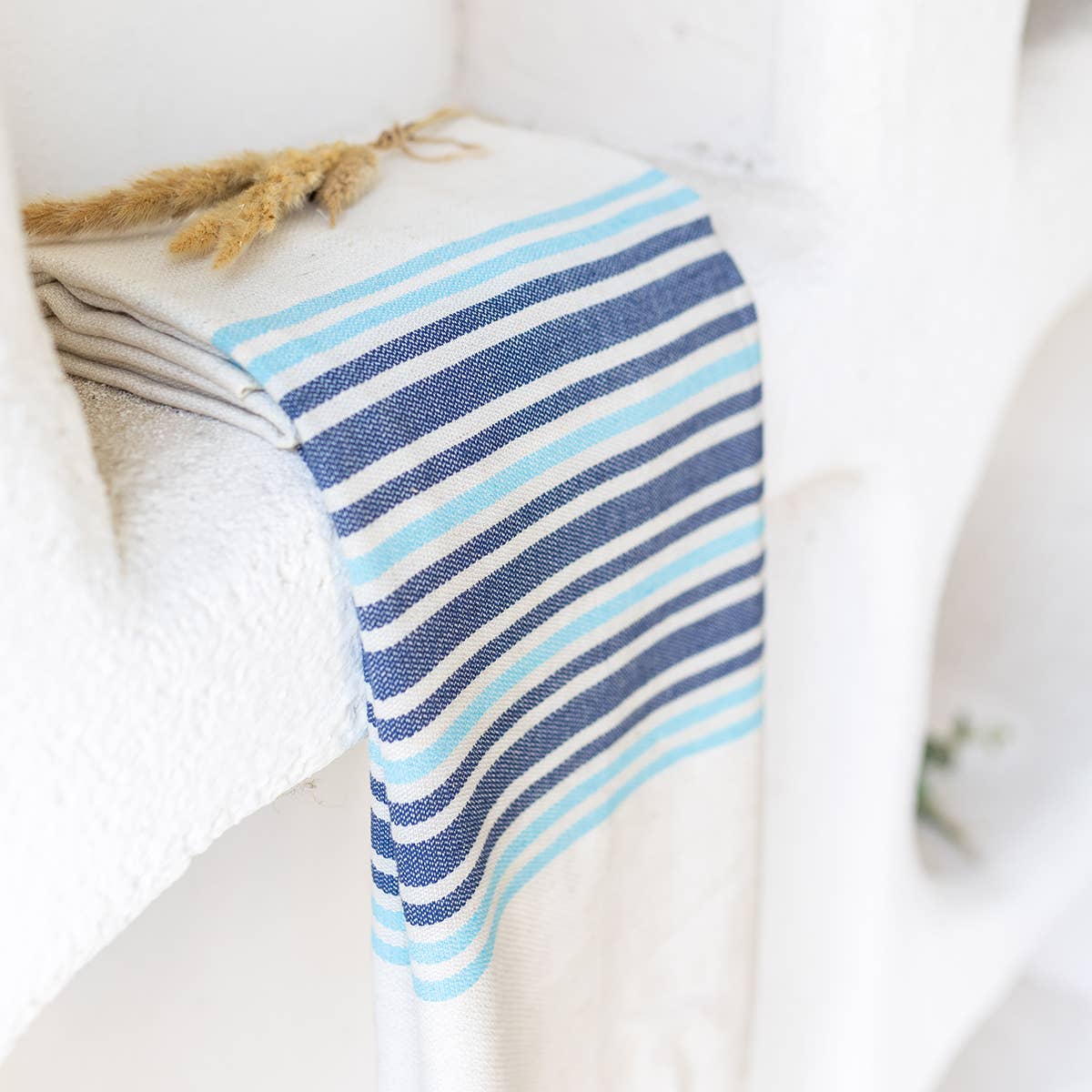 Linen-cotton Turkish beach towel in blue block stripe, 33x66 in | Kikoya