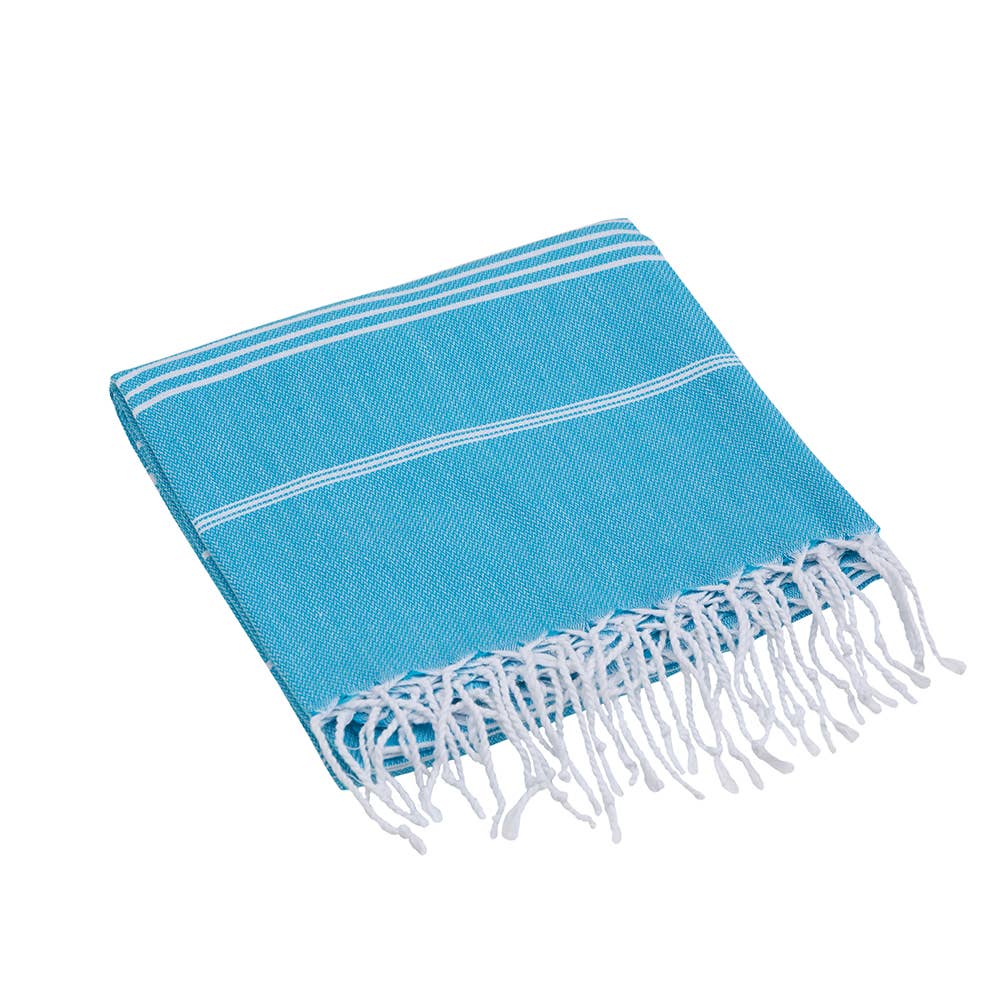 Sultan Turkish beach towel – Light Turquoise, folded with knotted fringe | Kikoya