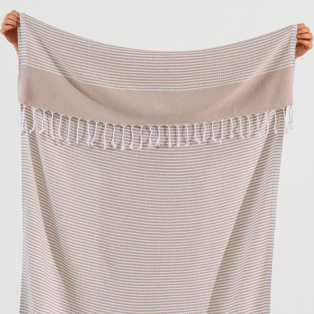 Beige Efes Turkish towel held open showing its full width | Kikoya