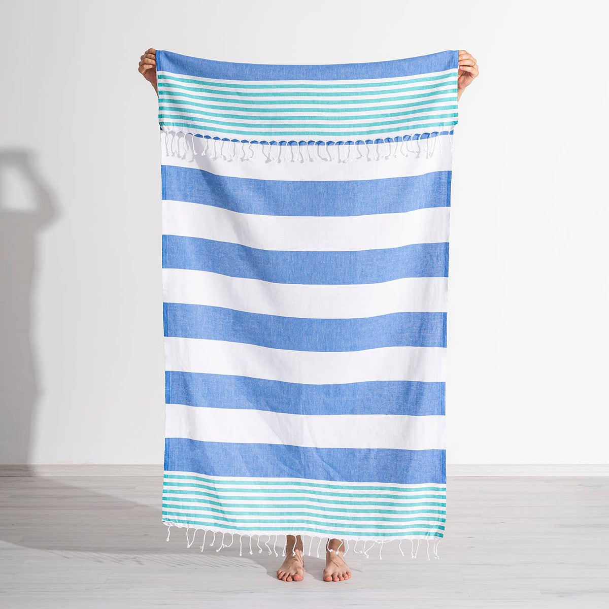 Mediterranean Turkish beach towel – Blue & Green block stripe | Kikoya