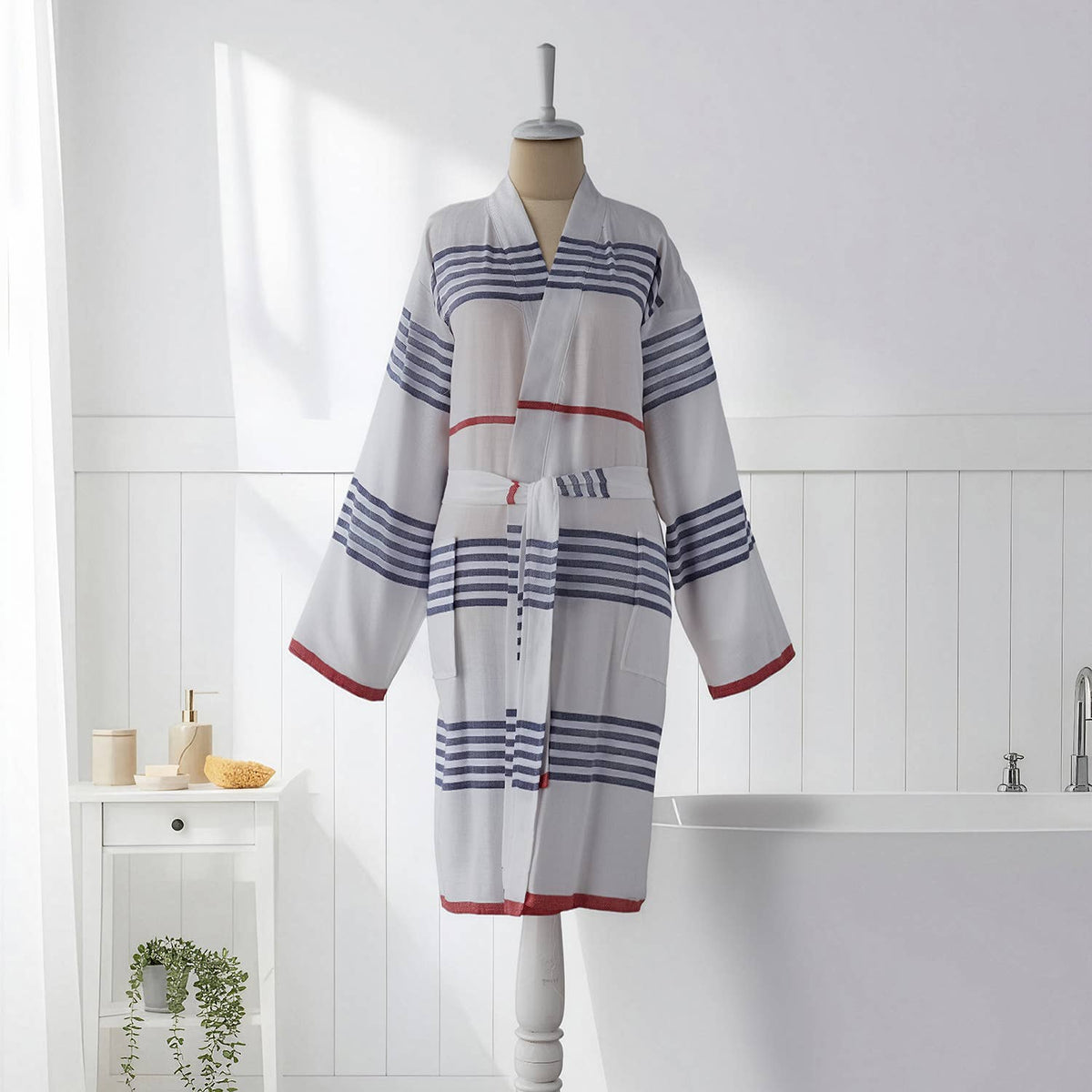 Nautical stripe Turkish bathrobe in navy & red – kimono | Kikoya