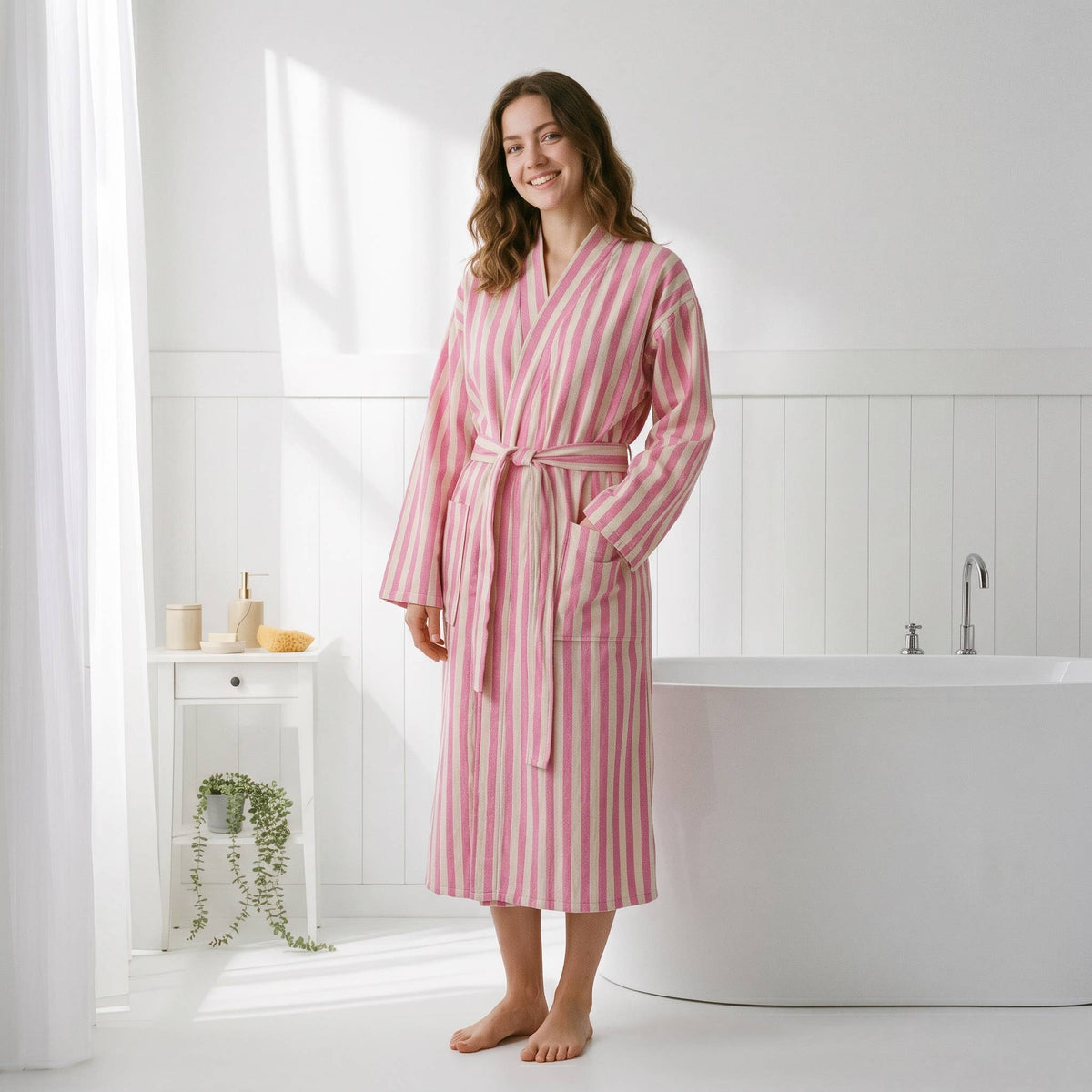 Zebra stripe Turkish cotton bathrobe in pink and cream, kimono collar with belt | Kikoya