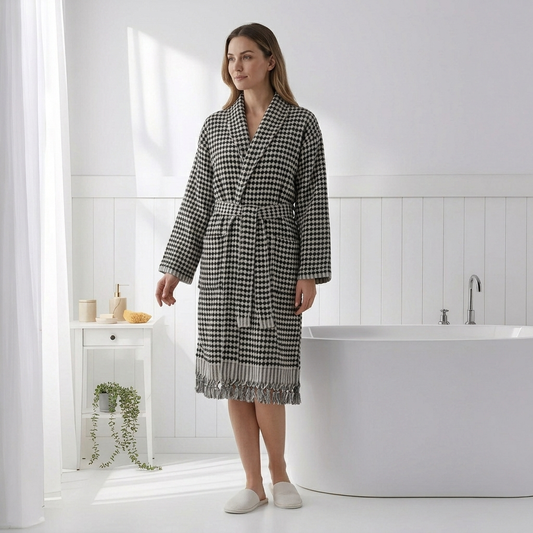 Pompom Turkish bathrobe – Black & White, Shawl Collar, front view | Kikoya