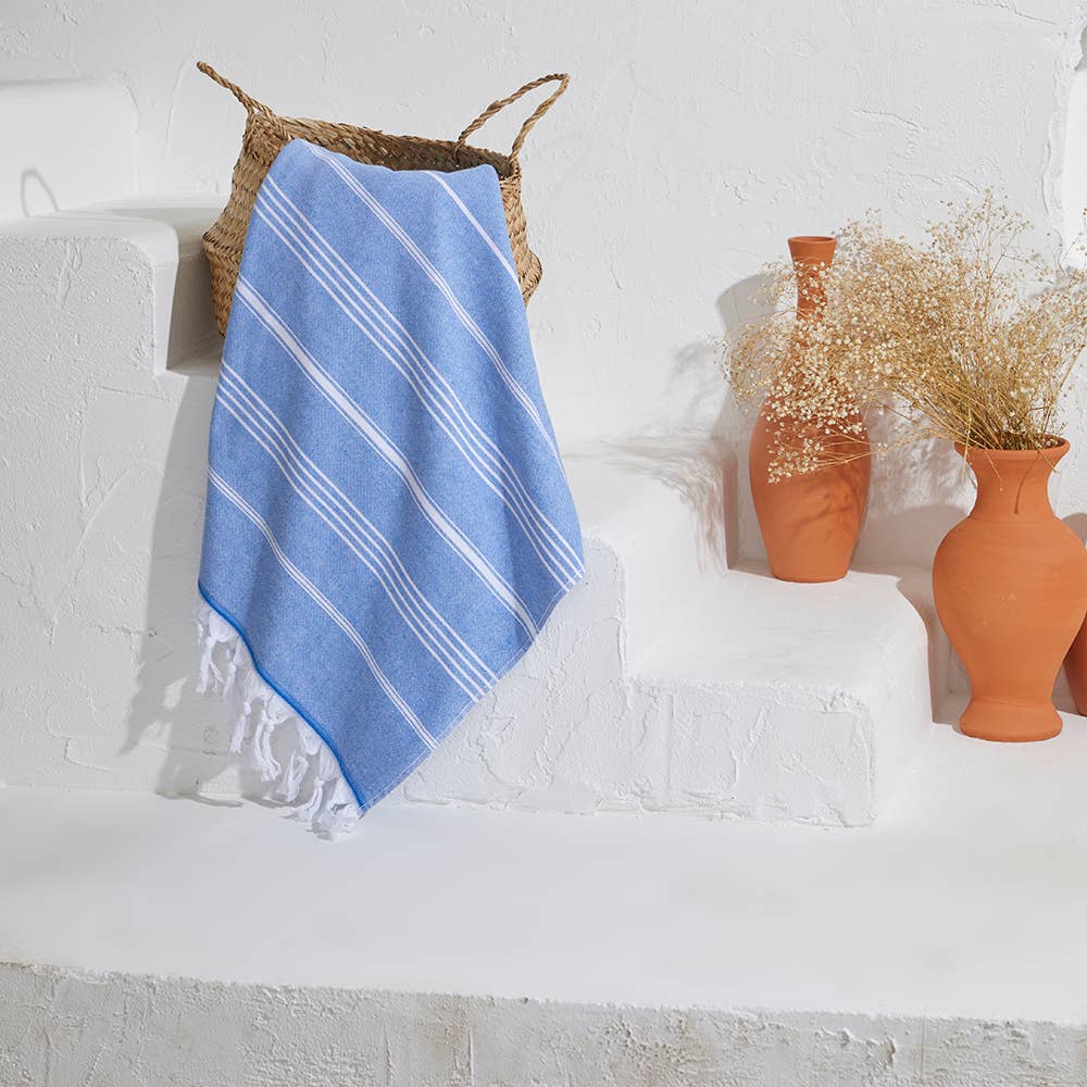 Classic terry-backed Turkish towel in wide stripe, flat face with brushed terry back | Kikoya