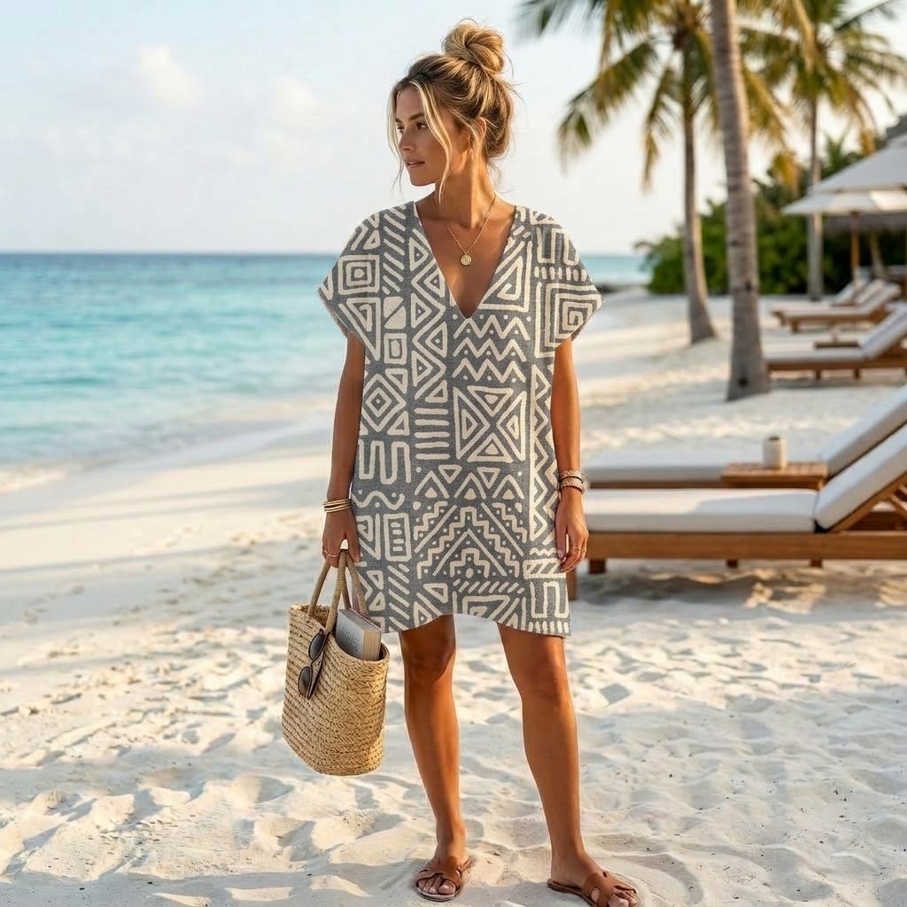 Adult V-neck beach cover-up poncho in Geometric Black, terry-backed Turkish cotton | Kikoya