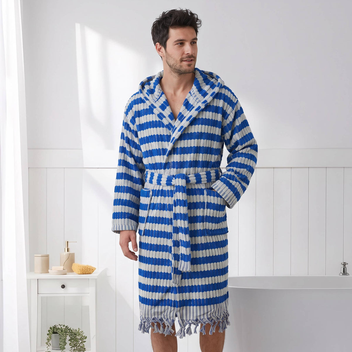 Pompom Turkish bathrobe – Lokum Blue, Hooded, front view | Kikoya