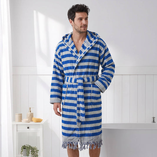 Pompom Turkish bathrobe – Lokum Blue, Hooded, front view | Kikoya