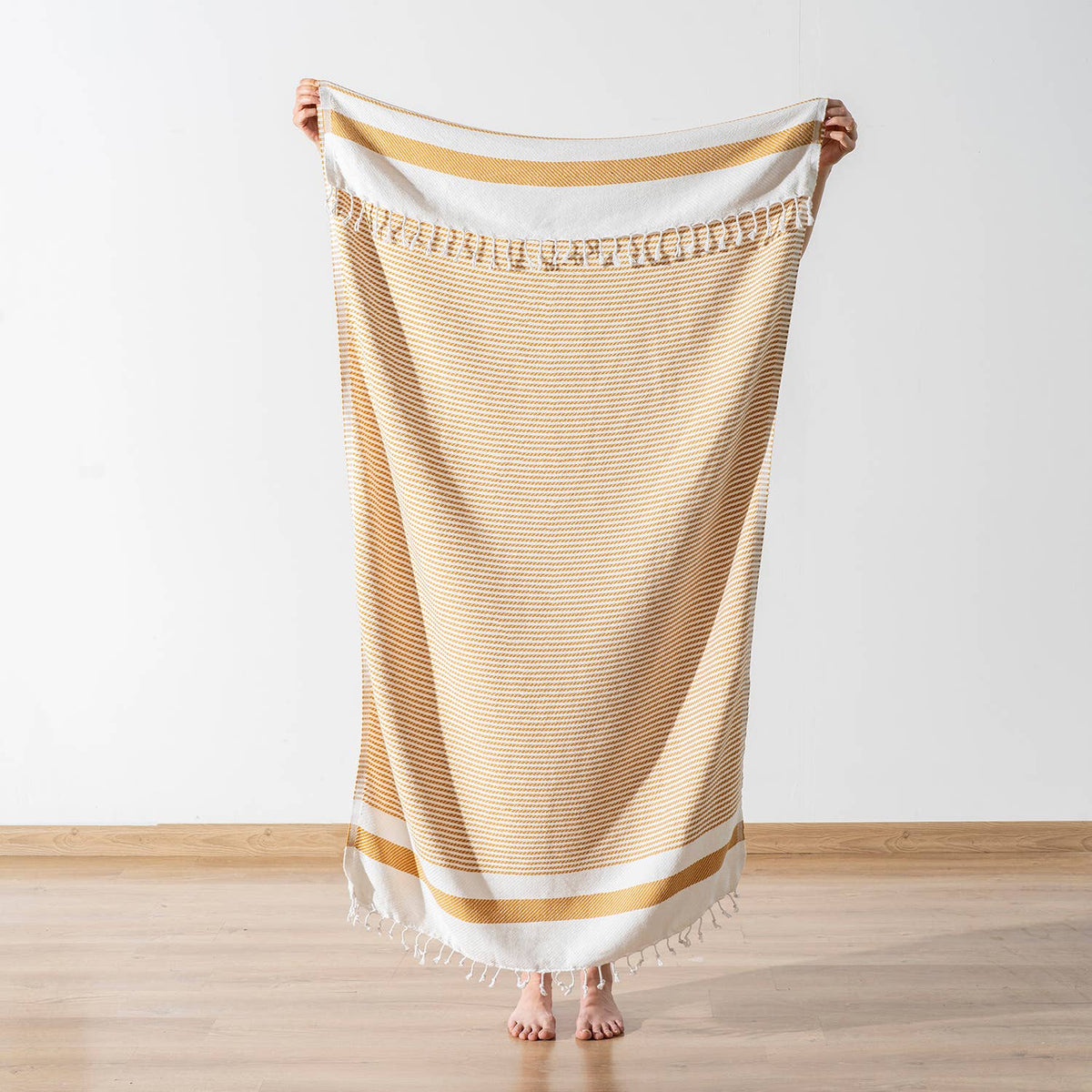 Pinstripe Turkish beach towel on cream with solid hem band, 33x66 in | Kikoya