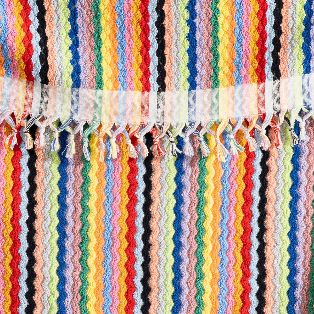 Pompom zigzag Turkish bath towel, 35x68 in, handloomed chevron with pompom fringe | Kikoya