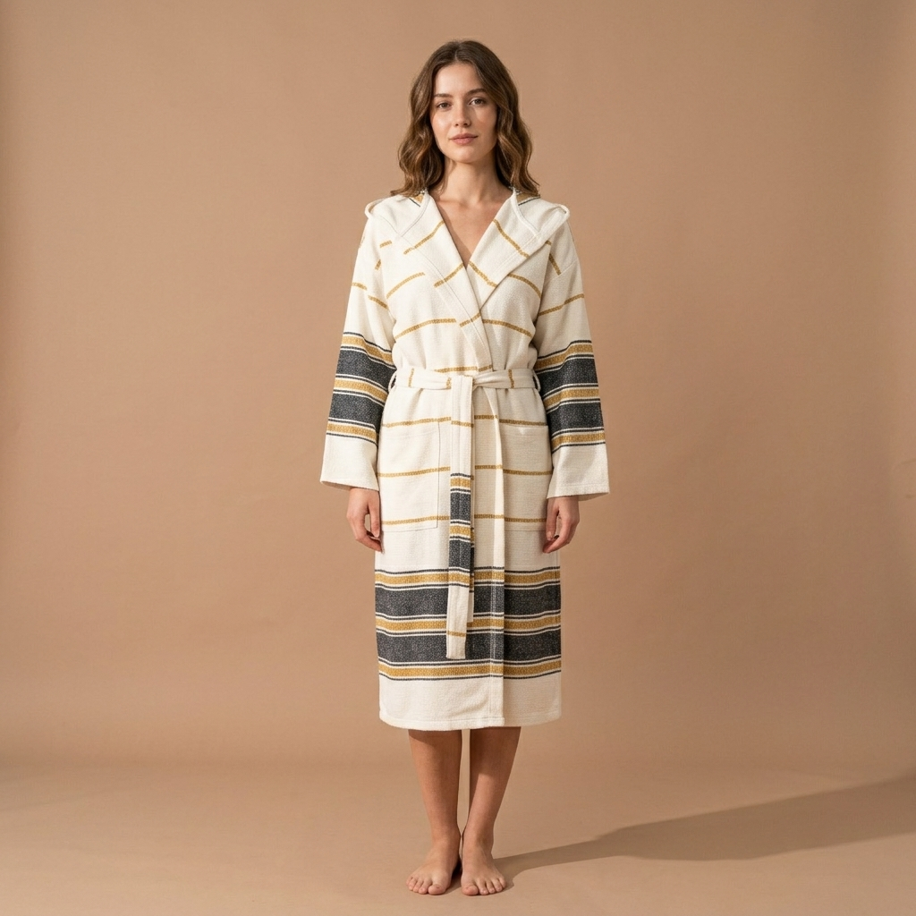 Bohemia Turkish Cotton Bathrobe – Hooded Kimono, 100% Cotton