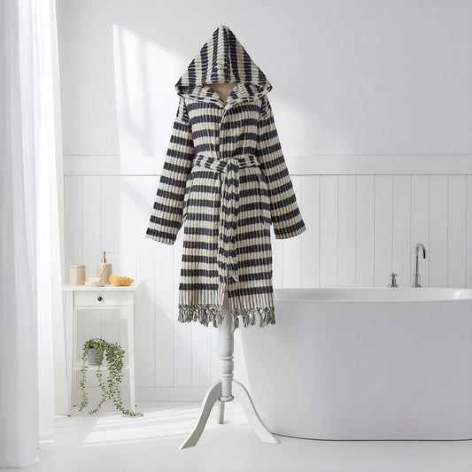 Pompom Turkish bathrobe – Lokum Black & White, Hooded, front view | Kikoya