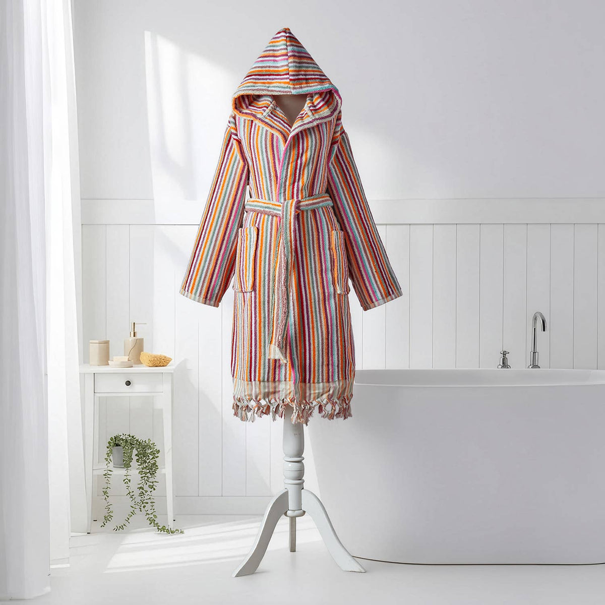 Pompom Turkish bathrobe – Pink Multi Stripe, Hooded, front view | Kikoya
