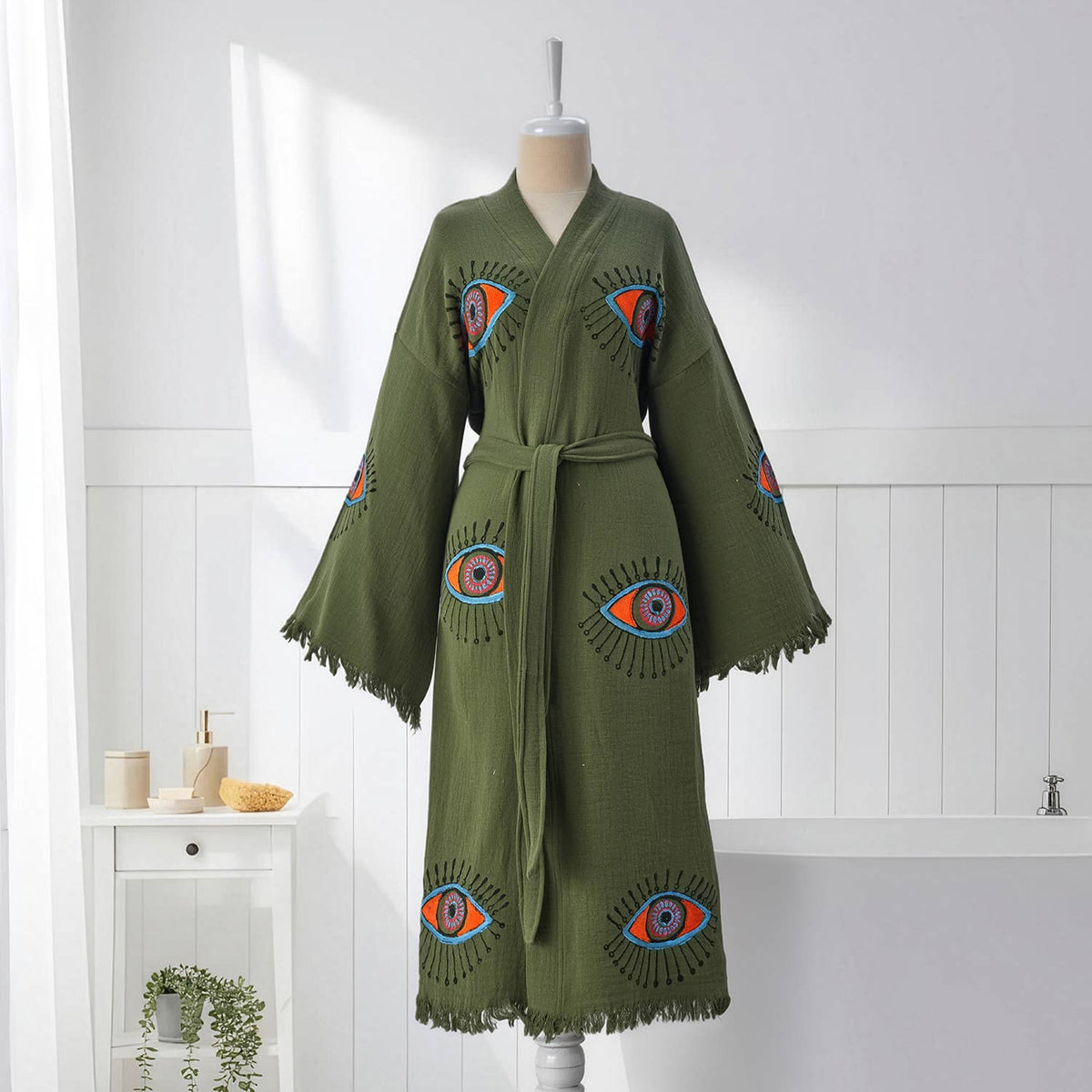 Block-print Turkish cotton kimono robe – Evil Eye Olive Green | Kikoya