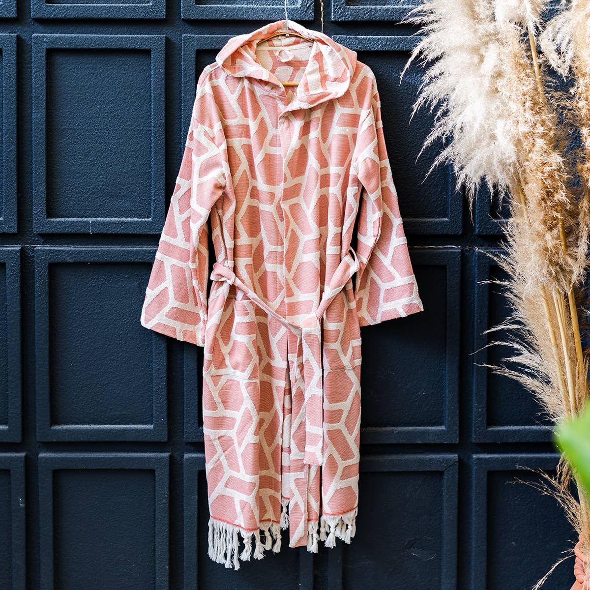 Aztec raised terry Turkish bathrobe in dusty rose, hooded | Kikoya