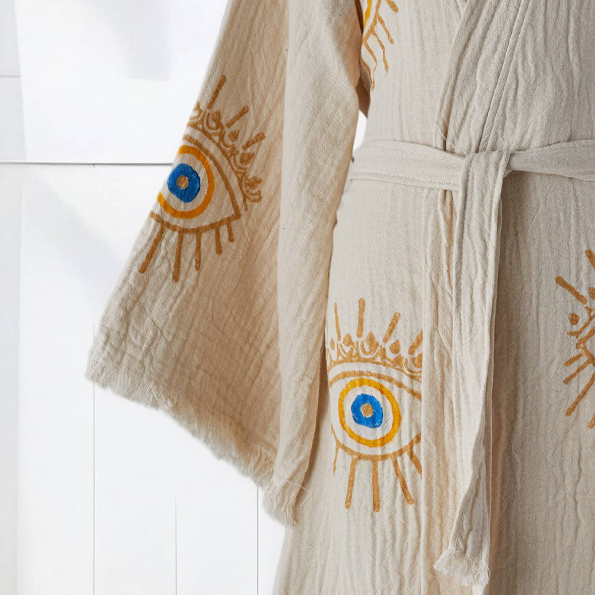 Block-print Turkish cotton kimono robe – Evil Eye Mustard & Blue | Kikoya