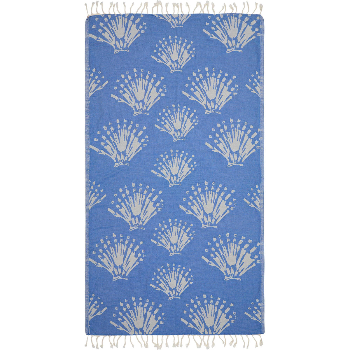 Seashell jacquard Turkish beach towel, 35x70 in, flat-woven with knotted fringe | Kikoya