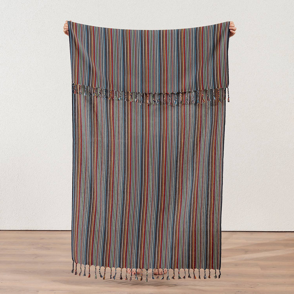 Premium rustic Turkish beach towel in fine multicolour stripes on slate | Kikoya