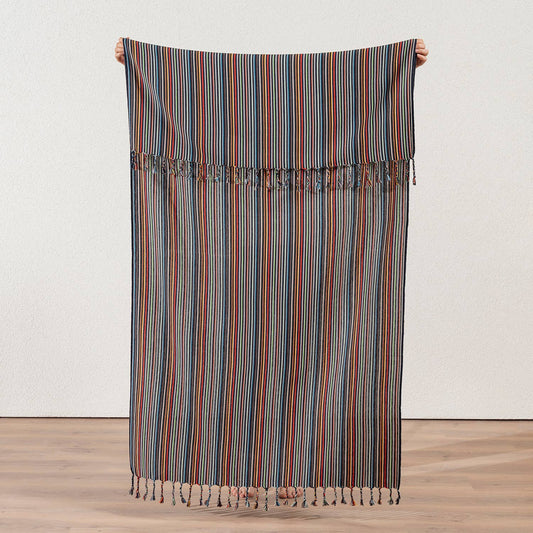 Premium rustic Turkish beach towel in fine multicolour stripes on slate | Kikoya