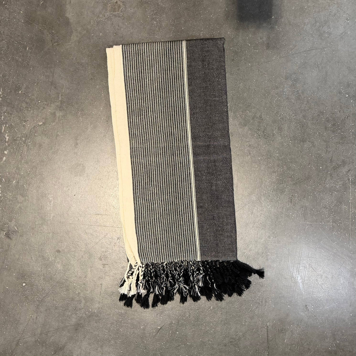 Black & Natural Stripe peshtemal, knotted fringe detail | Kikoya