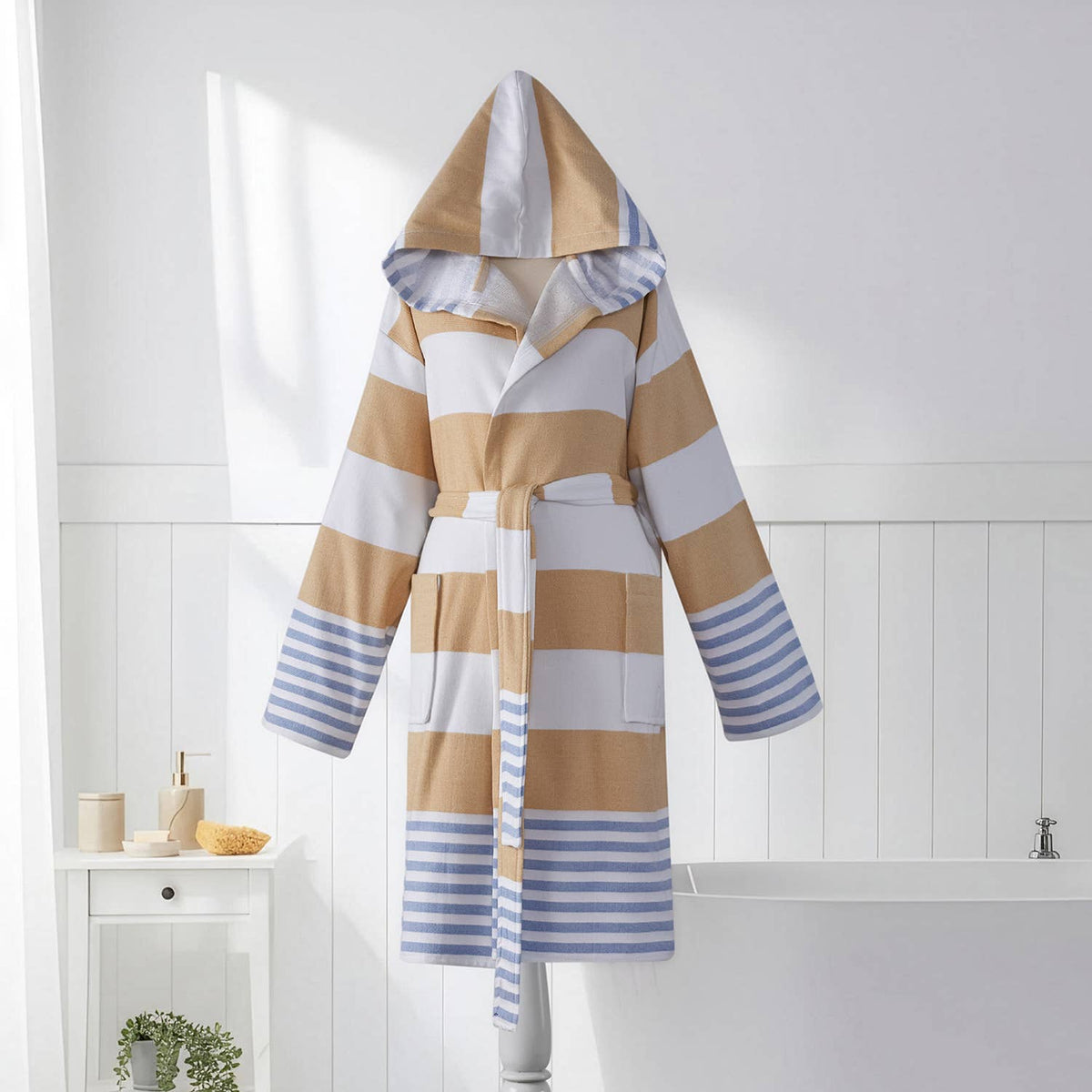 Mediterranean terry-backed Turkish bathrobe – block stripe | Kikoya