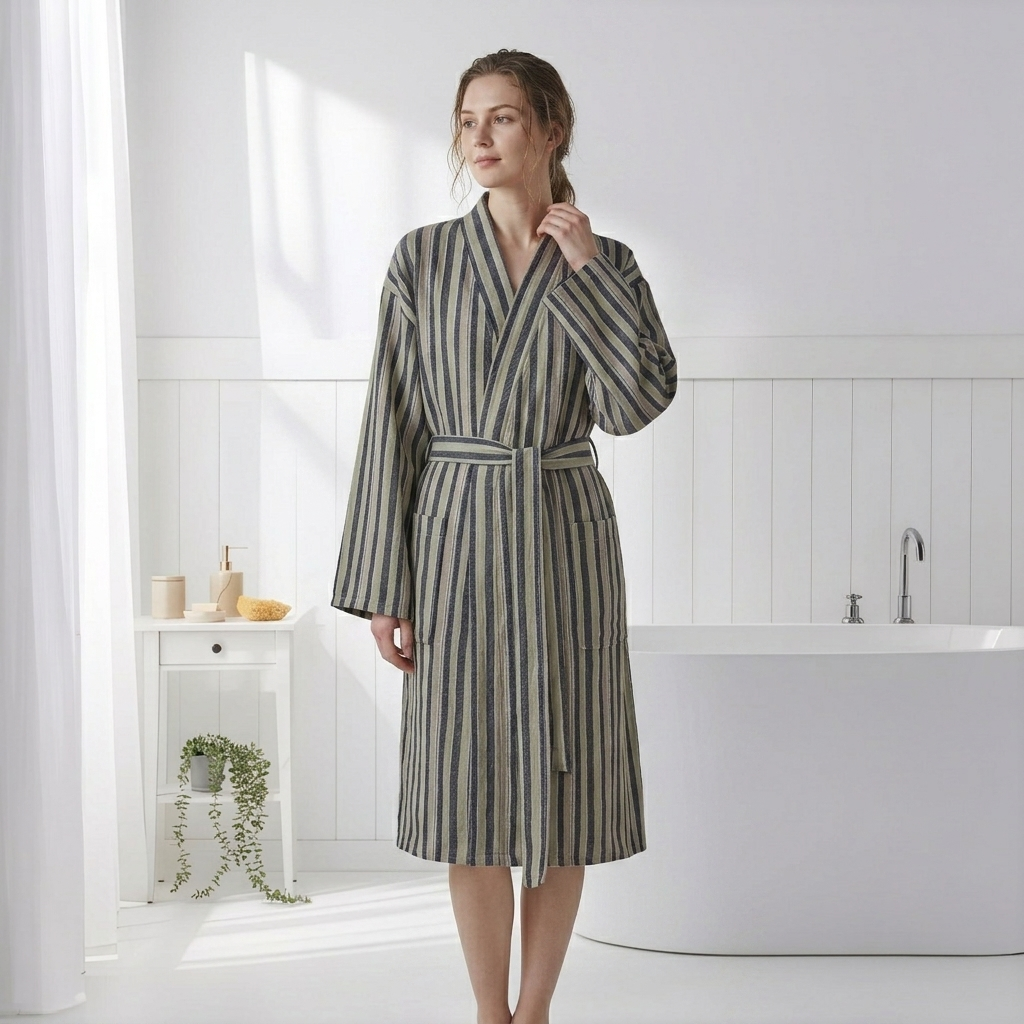 Antique Turkish kimono bathrobe – Olive Stripe | Kikoya