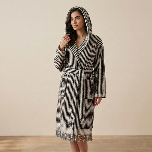 Pompom Turkish bathrobe – Black & White Stripe, Hooded, front view | Kikoya