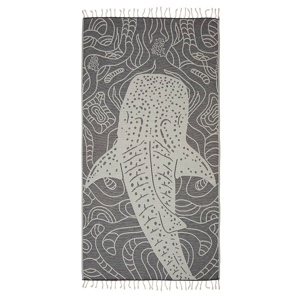 Whale shark terry-backed Turkish towel with woven jacquard face, 35x70 in | Kikoya