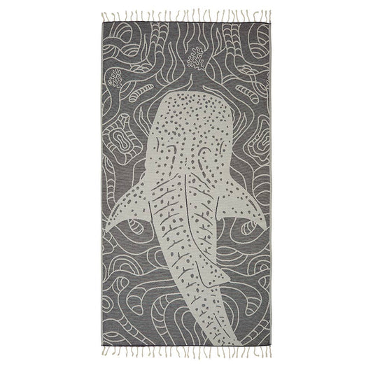 Whale shark terry-backed Turkish towel with woven jacquard face, 35x70 in | Kikoya