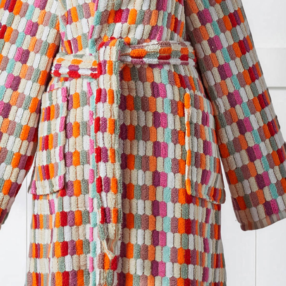 Pompom Turkish bathrobe – Lokum Pink Multi, Hooded, belt and pocket detail | Kikoya