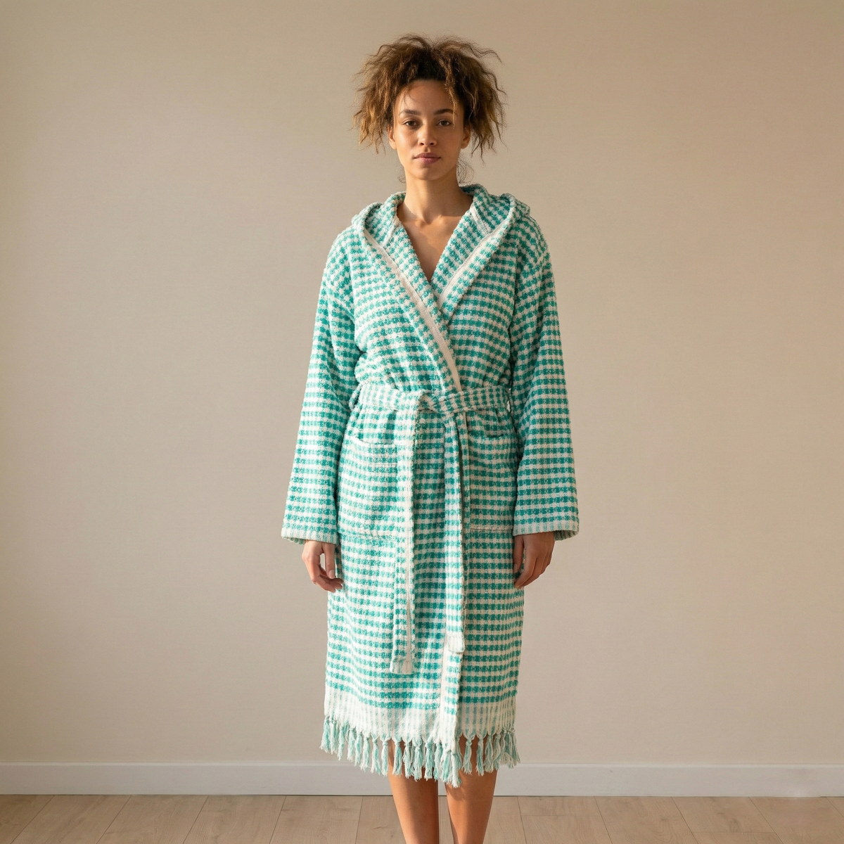 Pompom Turkish bathrobe – Green & White, Hooded, front view | Kikoya