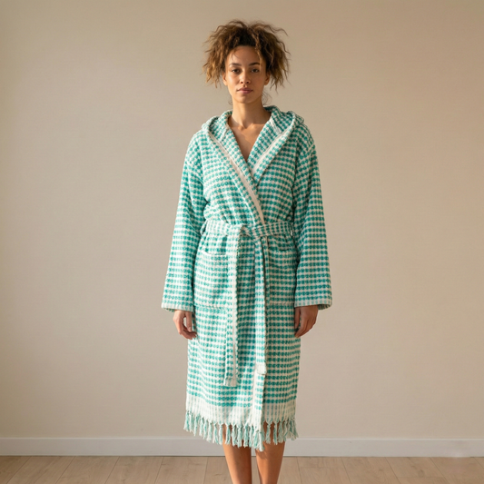 Pompom Turkish bathrobe – Green & White, Hooded, front view | Kikoya